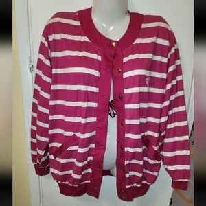 Guy Laroche Pink and White Cotton Cardigan Stripped Gold Tone Buttons